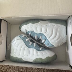 Nike Kids White and Light Blue Foamposite Sneakers